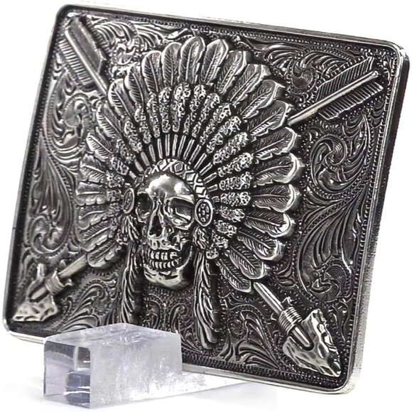 🆕Men's Antique Silver Metallic Imported Rectangle Chief Skull  Belt  Buckle - Picture 3 of 9